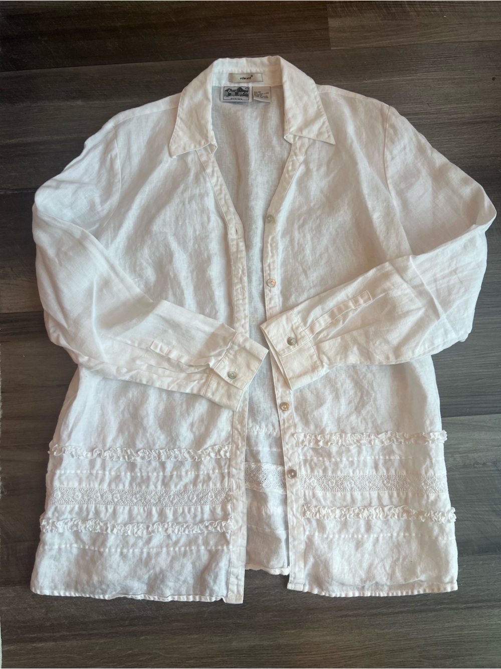 Women's White Button-Down Linen Shirt with Textured Trim